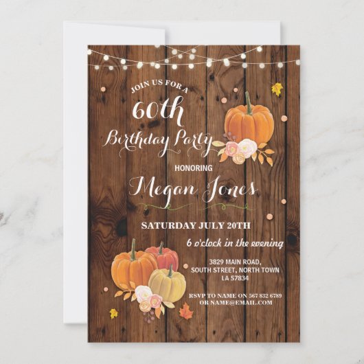 60e verjaardag Pumpkin Rustic Wood Invite 40 Kaart (Voorkant)