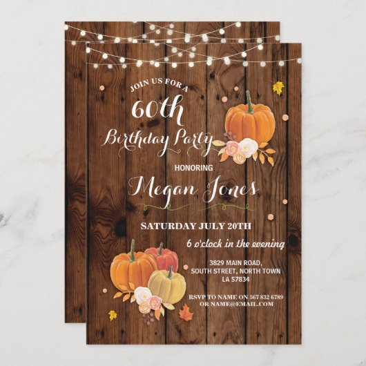 60e verjaardag Pumpkin Rustic Wood Invite 40 Kaart (Voorkant / Achterkant)
