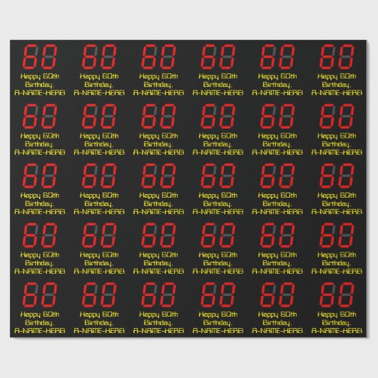 60e verjaardag: Red Digital Clock Style "60" + naa Cadeaupapier (Vlak)