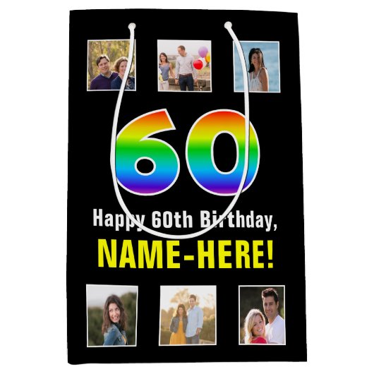 60e verjaardag: Regenboog "60", aangepaste foto's  Medium Cadeauzakje (Voorkant)