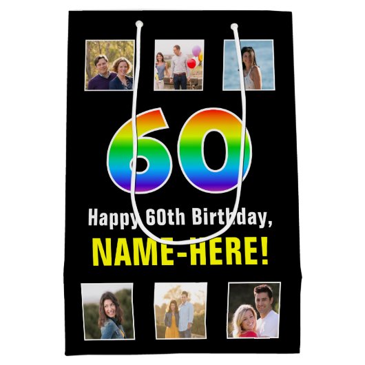60e verjaardag: Regenboog "60", aangepaste foto's  Medium Cadeauzakje (Achterkant)