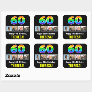 60e verjaardag: Regenboog "60"; Aangepaste foto's  Vierkante Sticker