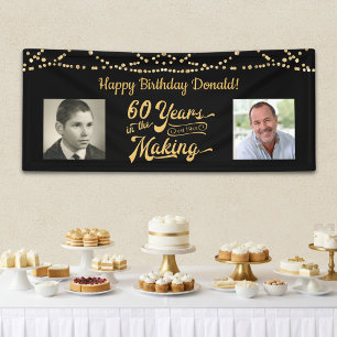 60e verjaardag Retro Zwart Goud Snoer Licht Foto Spandoek