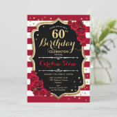 60e Verjaardag - Rood Goud Zwart Wit Strepen Rozen Kaart (Staand voorkant)