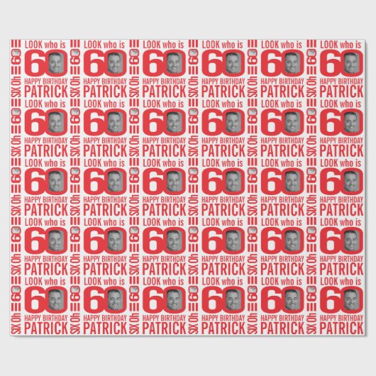 60e verjaardag rood wit blik 60 douanefoto naam cadeaupapier (Vlak)