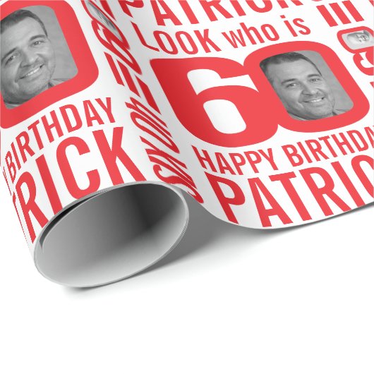60e verjaardag rood wit blik 60 douanefoto naam cadeaupapier (Rol Hoek)