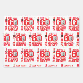 60e verjaardag rood wit blik 60 douanefoto naam inpakpapier vel