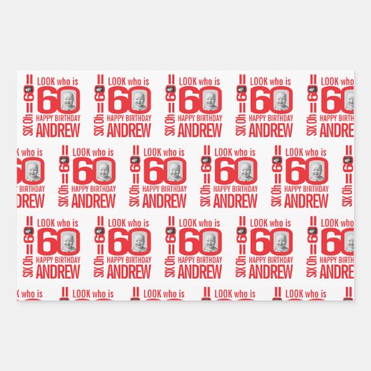 60e verjaardag rood wit blik 60 douanefoto naam inpakpapier vel (Voorkant)