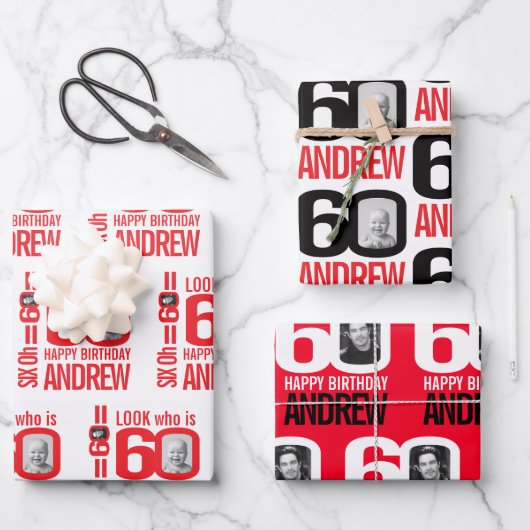 60e verjaardag rood wit blik 60 douanefoto naam inpakpapier vel (Voorkant)