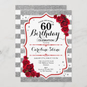 60e verjaardag - rood zilver witte strepen Rozen Kaart (Voorkant / Achterkant)