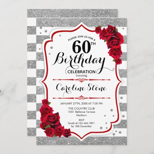 60e verjaardag - rood zilver witte strepen Rozen Kaart (Voorkant / Achterkant)