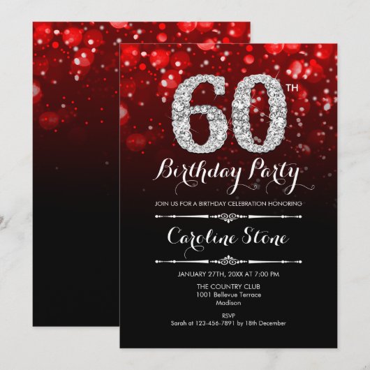 60e verjaardag - Rood Zwart Zilver Kaart (Voorkant / Achterkant)