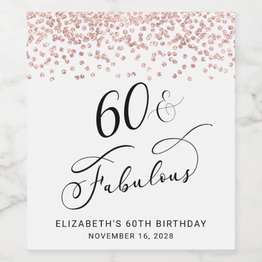 60e verjaardag Roos Gold Glitter Wijn Etiket (Enkel label)