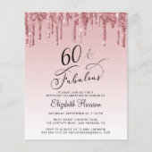 60e verjaardag Roos Gold Pink Glitter Budget Invit (Voorkant)