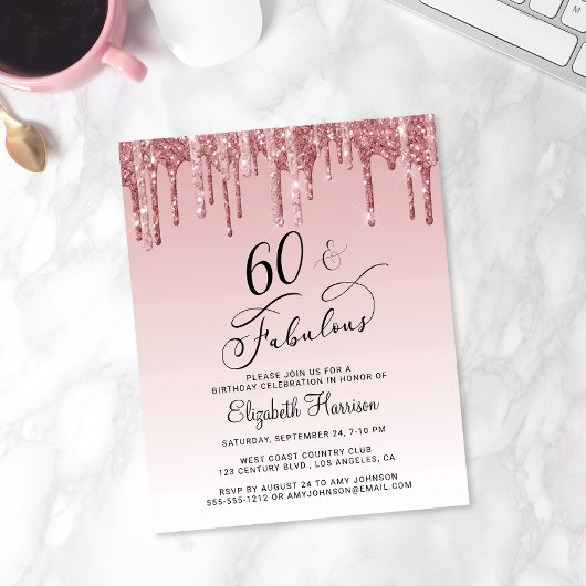 60e verjaardag Roos Gold Pink Glitter Budget Invit