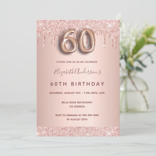 60e verjaardag roos goud glitter druppelt roze gla kaart (Staand voorkant)