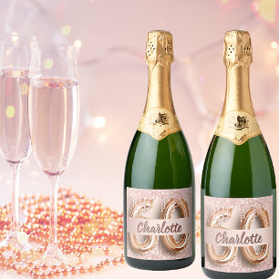 60e verjaardag roos goud glitter monogram luxe sparkling wijnetiket