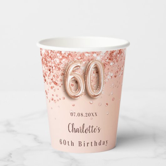 60e verjaardag roos goud glitter monogram naam papieren bekers (Achterkant)