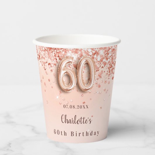 60e verjaardag roos goud glitter monogram naam papieren bekers (Voorkant)