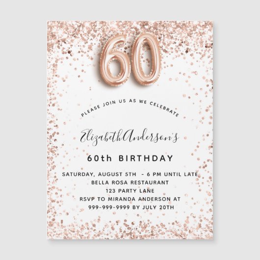 60e verjaardag roos goud witte glans luxe magnetische uitnodiging (Voorkant)