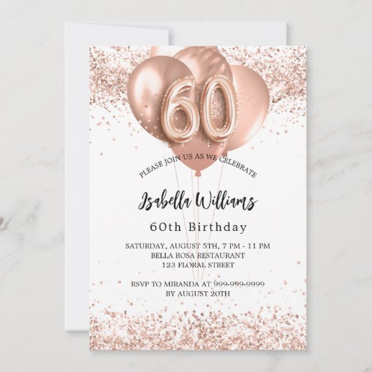 60e verjaardag roos gouden ballonnen wit kaart (Voorkant)