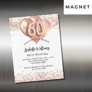 60e verjaardag roos gouden ballonnen witte luxe magnetische uitnodiging