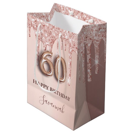 60e verjaardag roos gouden glitter roze ballonstij medium cadeauzakje (Voorkant Gekanteld)