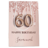 60e verjaardag roos gouden glitter roze ballonstij medium cadeauzakje (Voorkant)
