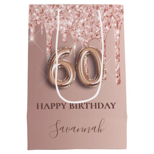 60e verjaardag roos gouden glitter roze ballonstij medium cadeauzakje (Achterkant)