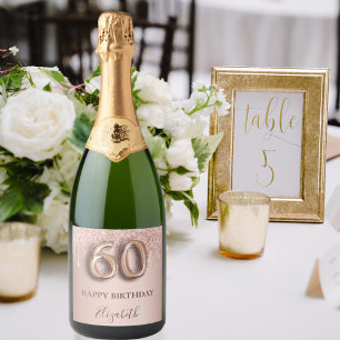 60e verjaardag roos gouden glitter roze ballonstij sparkling wijnetiket