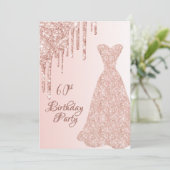 60e verjaardag roos gouden jurk glitter drip kaart (Staand voorkant)
