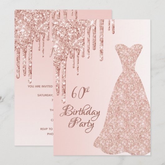 60e verjaardag roos gouden jurk glitter drip kaart (Voorkant / Achterkant)