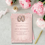 60e Verjaardag roos gouden roze druppels Kaart<br><div class="desc">Een moderne,  stijlvolle en glamoureuze uitnodiging voor een 60e verjaardagsfeest. Een rozen gouden achtergrond met roze verfdruppellook. De naam is geschreven met een rozen handschrift in goudkleurige stijl. Personaliseer en voeg uw partijgegevens toe. Nummer 60 is geschreven met een ballon stijl lettertype,  script.</div>