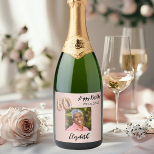 60e Verjaardag roos gouden roze foto Sparkling Wijnetiket