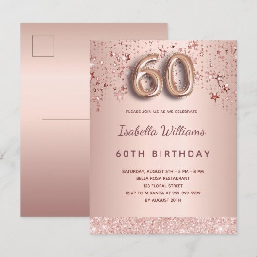 60e verjaardag roos gouden roze sterren ballonschr briefkaart (Voorkant / Achterkant)