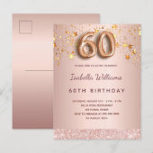 60e verjaardag roos gouden roze sterren ballonschr briefkaart (Voorkant / Achterkant)