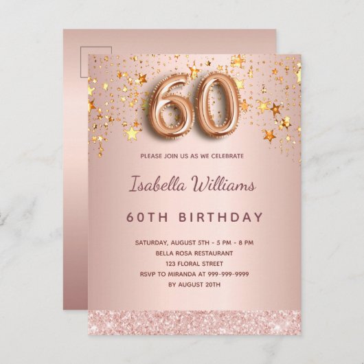 60e verjaardag roos gouden roze sterren ballonschr briefkaart (Voorkant / Achterkant)