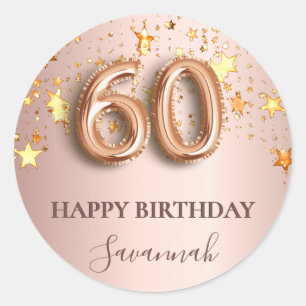 60e verjaardag roos gouden sterren roze ballonlett ronde sticker