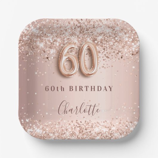 60e verjaardag roos gouden zwarte glitter naam papieren bordje (Voorkant)