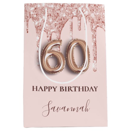 60e verjaardag roos gouden zwarte glitterdruppels medium cadeauzakje (Voorkant)