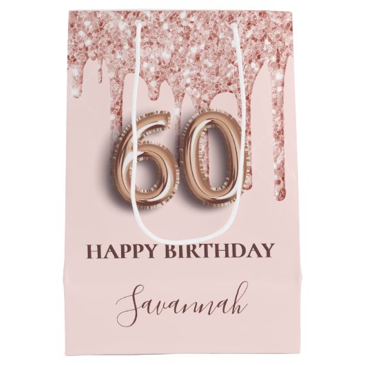 60e verjaardag roos gouden zwarte glitterdruppels medium cadeauzakje (Achterkant)