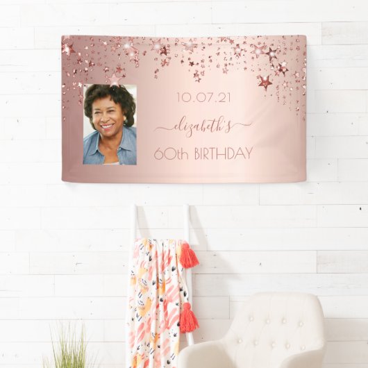 60e verjaardag roos gouden zwarte sterren foto spandoek (Insitu)