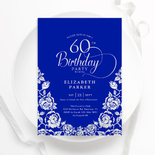 60e verjaardag Royal Blue Silver Rozen Kaart