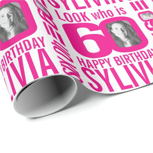 60e verjaardag roze blik 60 douanefoto naam cadeaupapier (Rol Hoek)