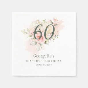 60e Verjaardag Roze Bloem Groene Blush Papier Servet