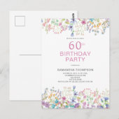 60e verjaardag roze bloemrijke Wildflower uitnodig Briefkaart (Voorkant / Achterkant)
