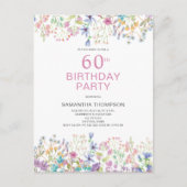 60e verjaardag roze bloemrijke Wildflower uitnodig Briefkaart (Voorkant)