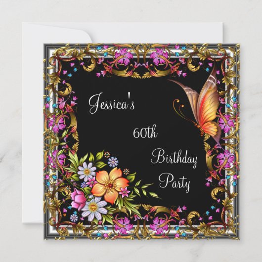 60e verjaardag Roze Floral Butterfly Gold Black 3 Kaart (Voorkant)