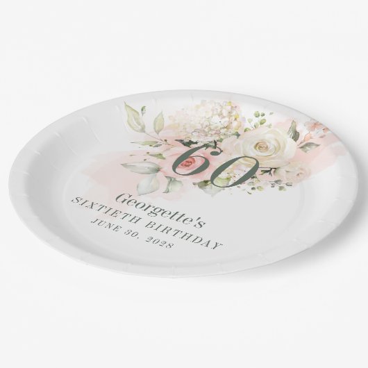 60e verjaardag Roze Floral Greenery Blush Papieren Bordje (Gekanteld)
