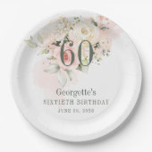 60e verjaardag Roze Floral Greenery Blush Papieren Bordje (Voorkant)